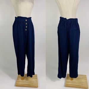 LOFT Linen Blend High Rise Straight Button Front Elastic Waist Navy Ankle Pant M